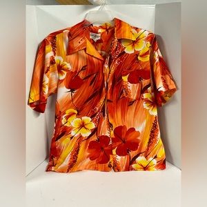 Vintage Hukilau Fashions Orange Hawaiian Print Button Down Shirt Size M